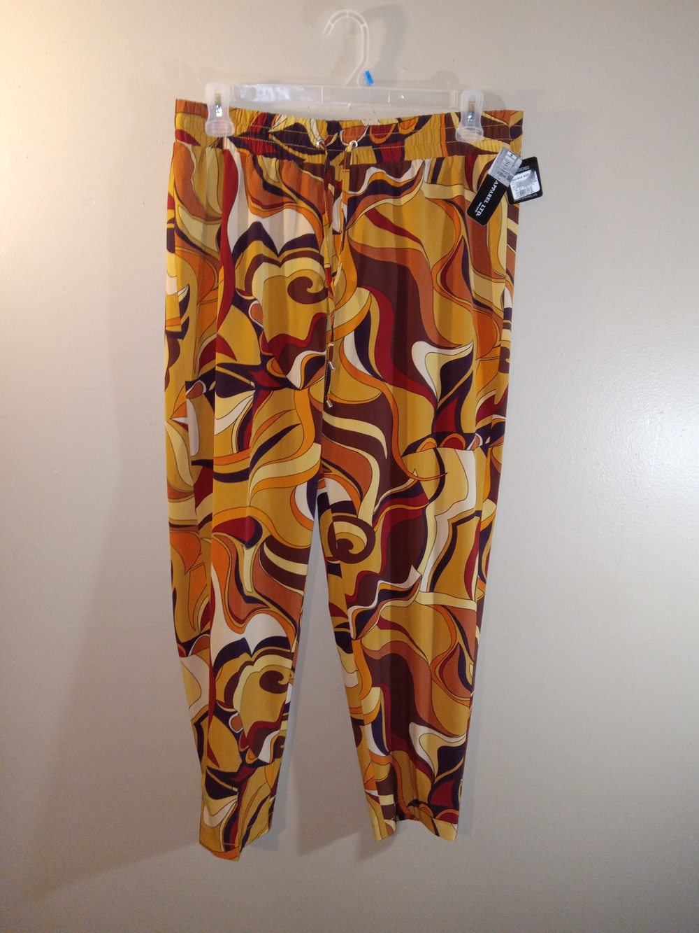 Soho Apparel Retro Swirl Straight Leg Pants in Mustard, Brown & Orange